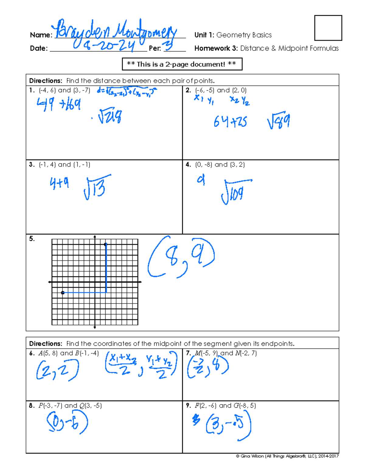 1 3 practice distance and midpoints answer key