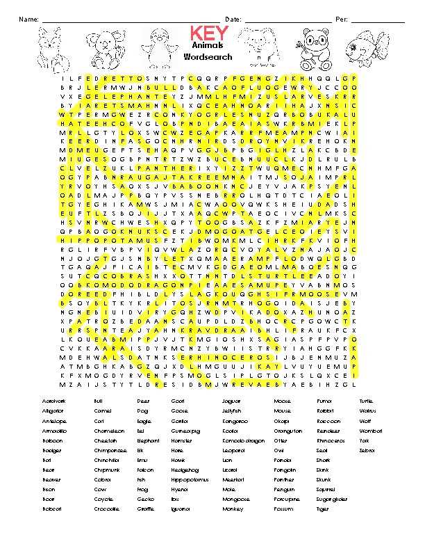 101 animals word search answers key