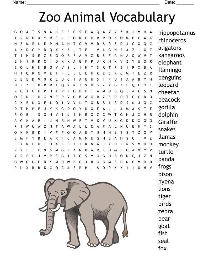 101 animals word search answer key