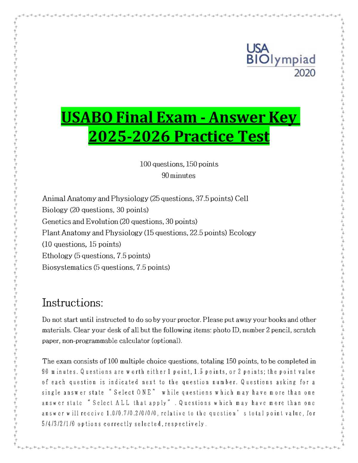 2026 spring semester biology test review 100 question answer key