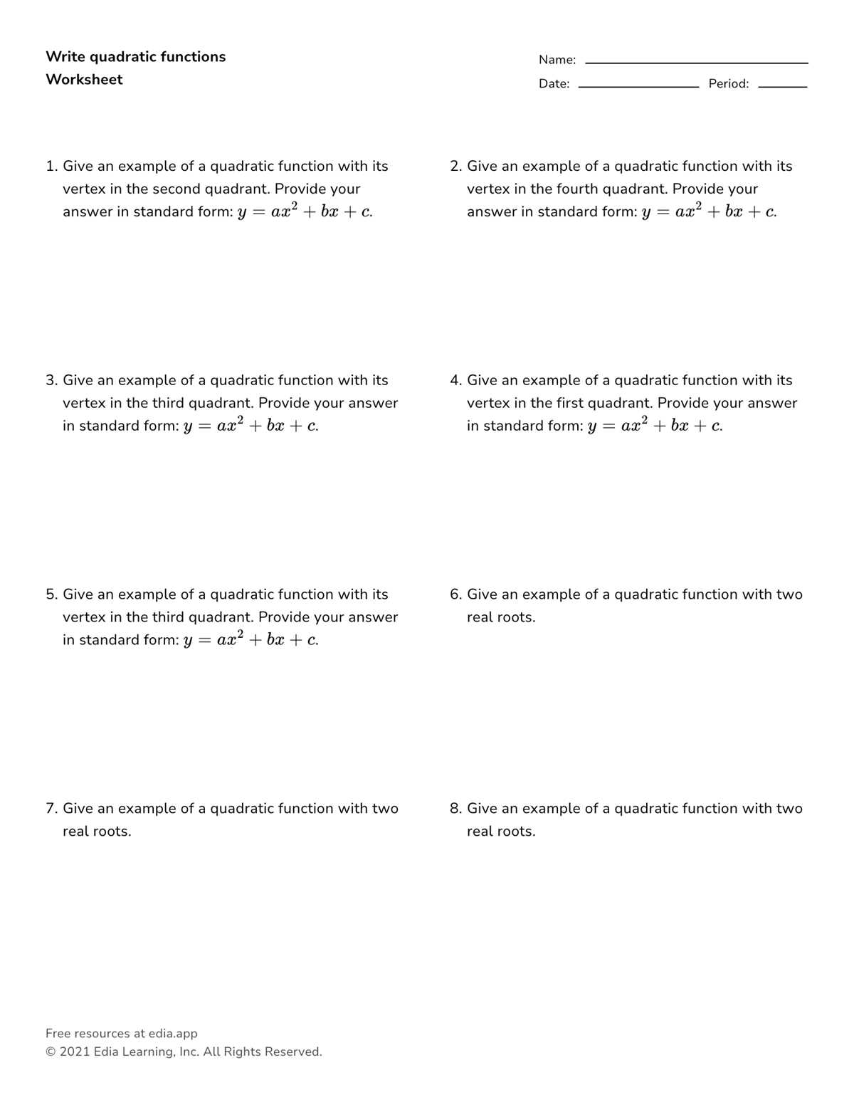 3 graphing quadratic functions worksheet answer key