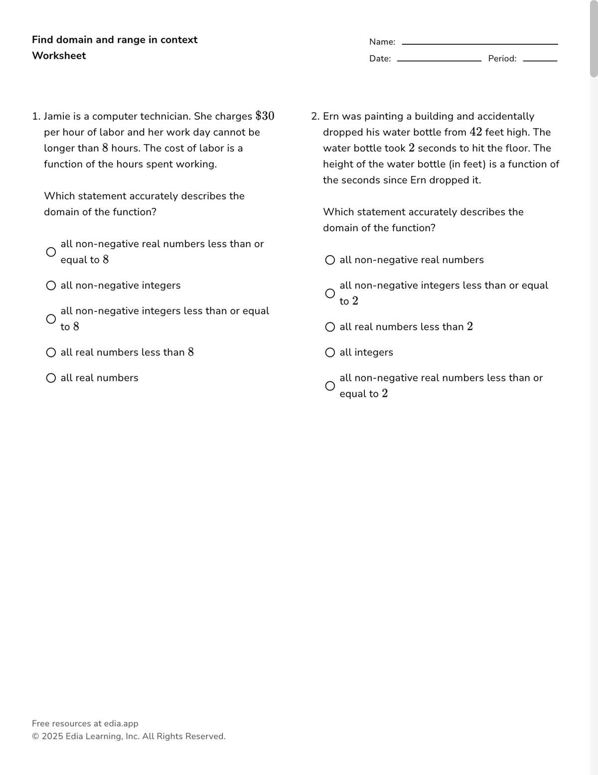 4.2 domain and range worksheet answer key