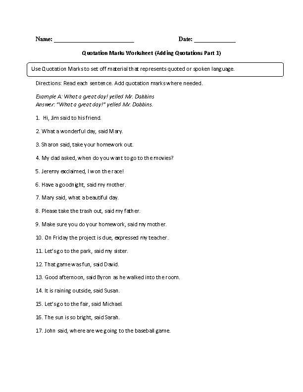 4th grade qutation mark worksheets with answer key