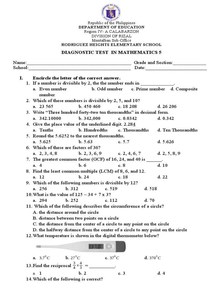 5th grade math diagnostic test with answer key