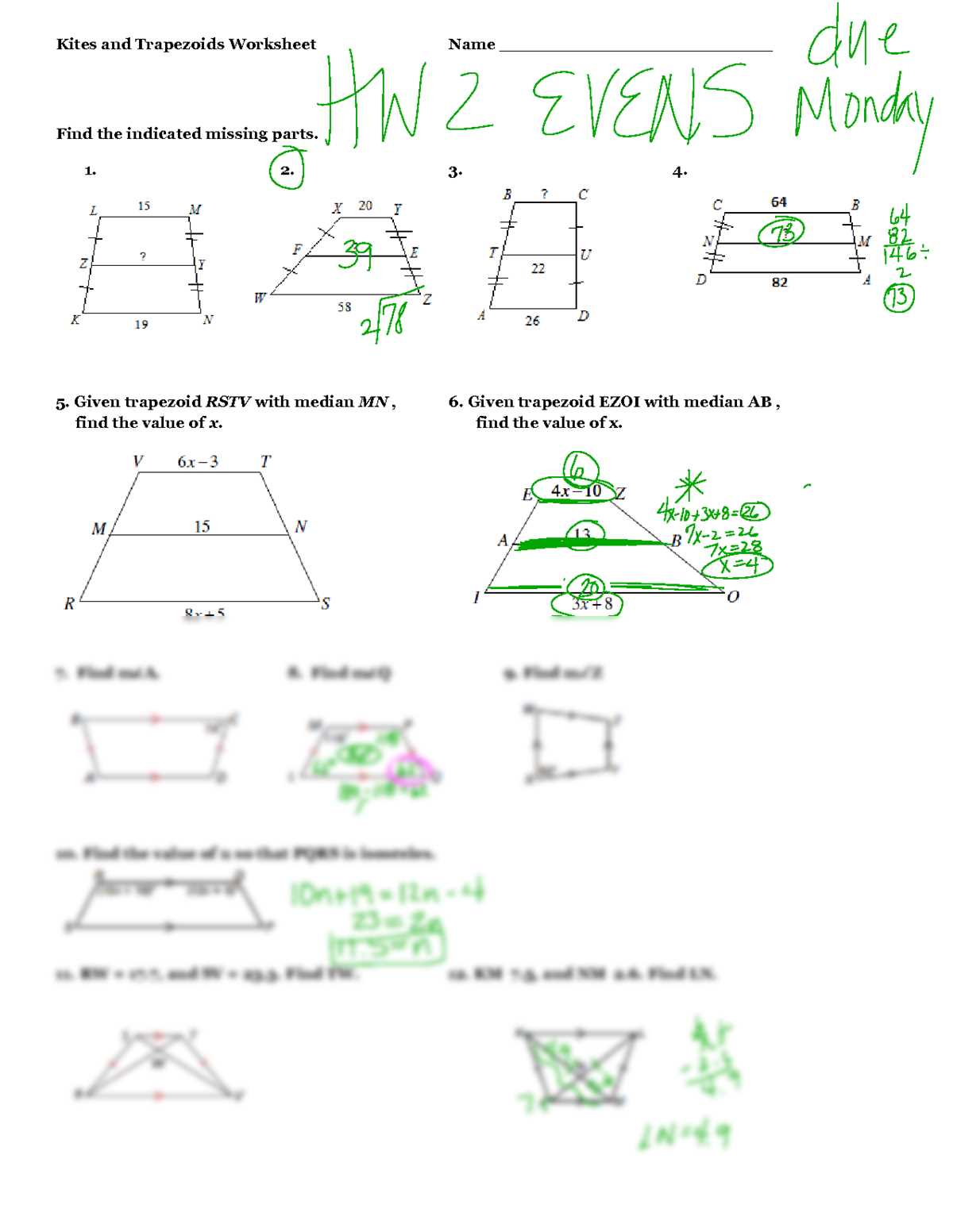 6 6 study guide and intervention trapezoids and kites answers key