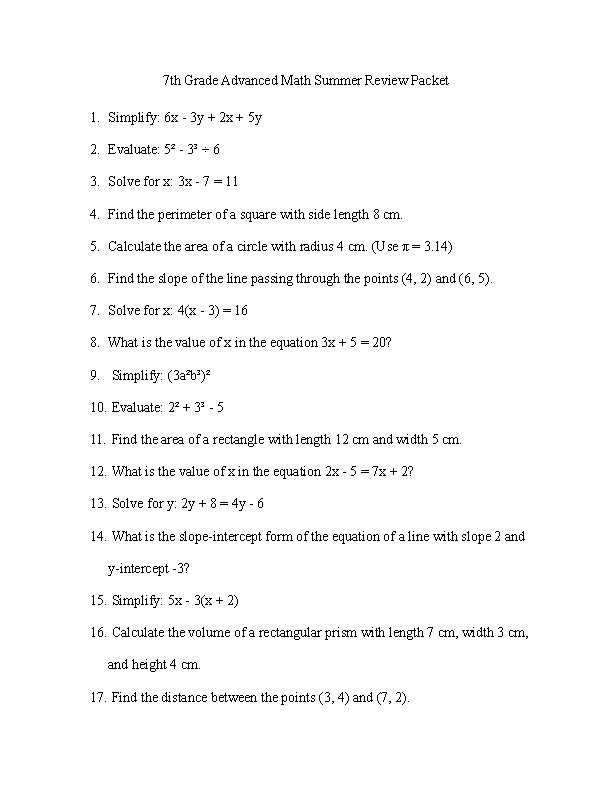 7th grade math review packet answer key