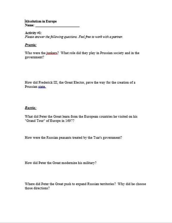 absolutism reading packet answer key