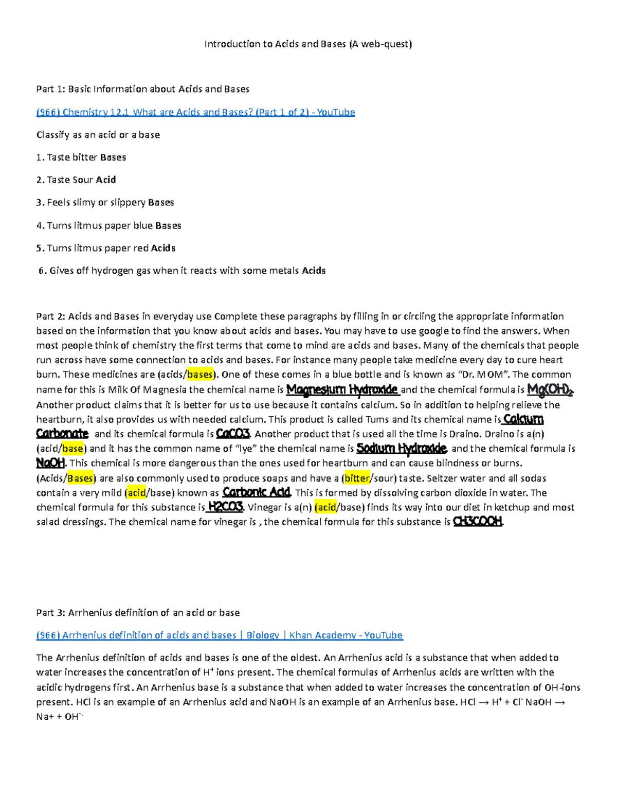 acid base webquest answer key