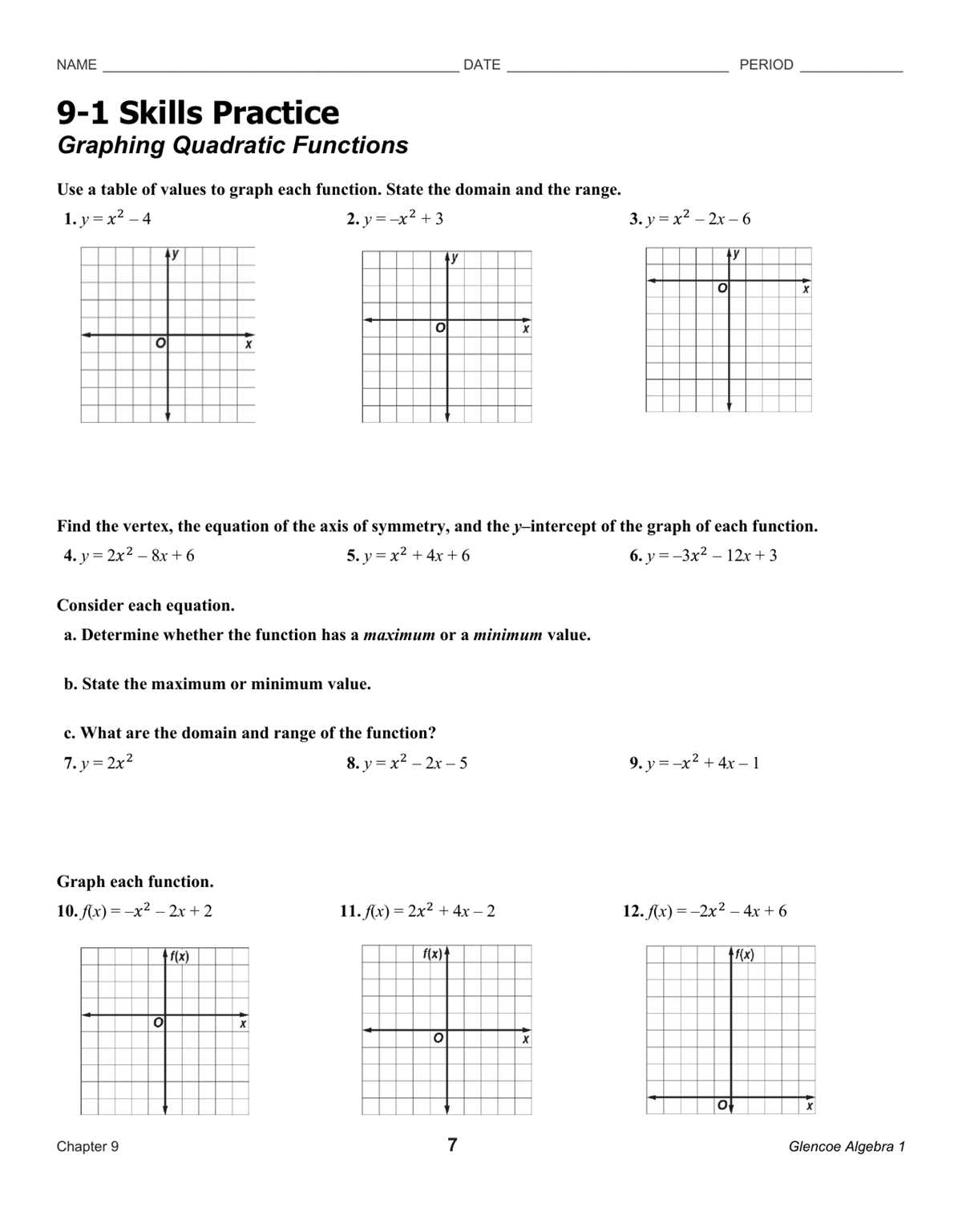 algebra 1 classwork 4.9 quadratic function answer key