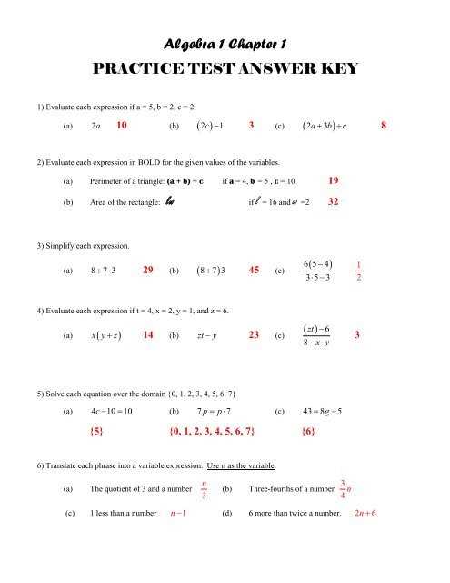 algebra 1 unit 6 test review answer key
