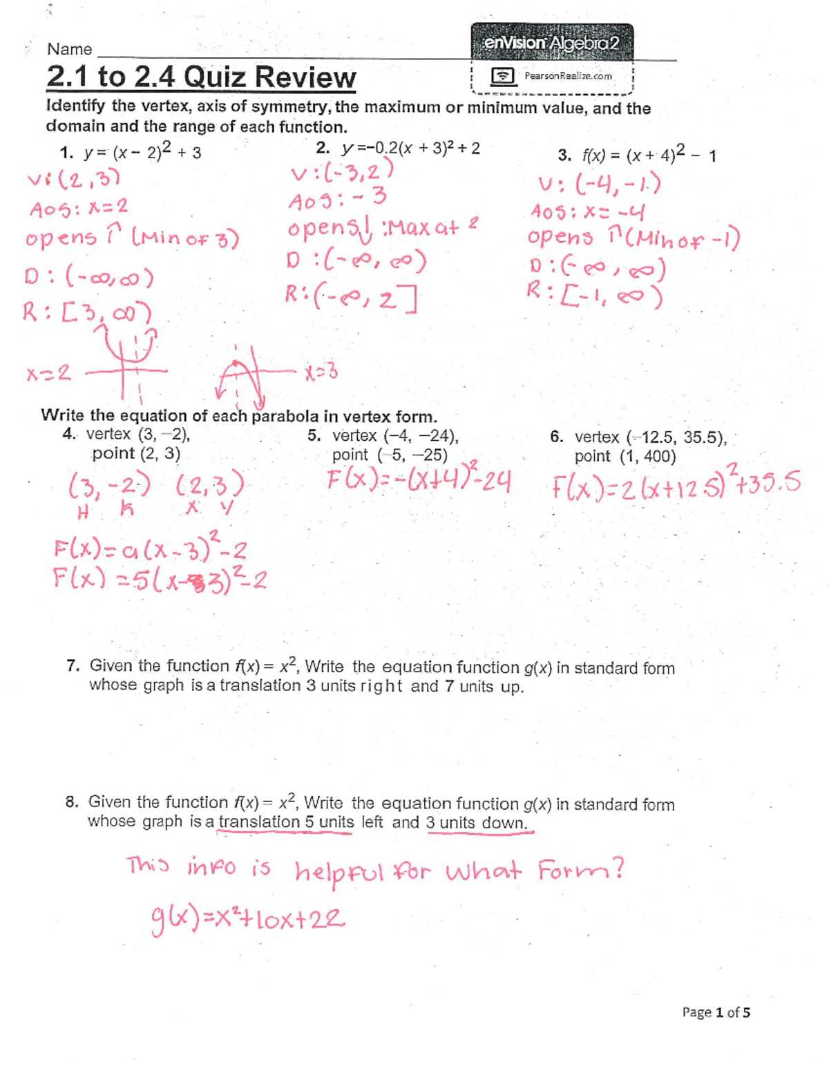 algebra 2 common core test 2 multiple choice answer key