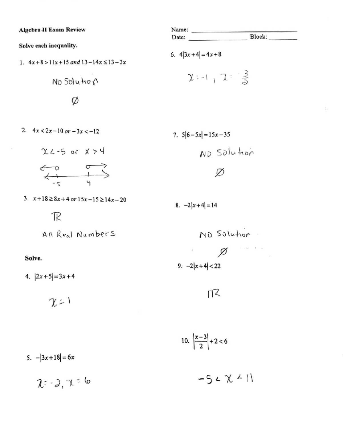 algebra 2 unit 7 test answer key