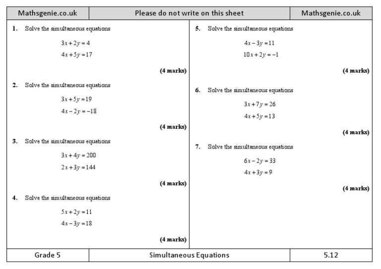 algebraic solutions to simultaneous equations worksheet 3 answer key