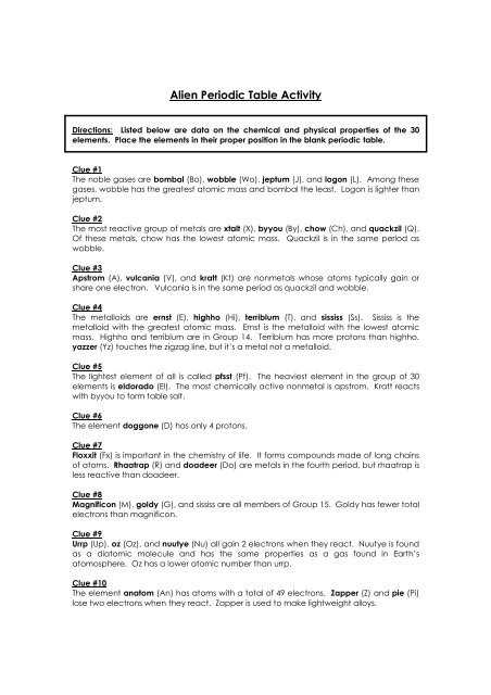 alien periodic table answer key questions