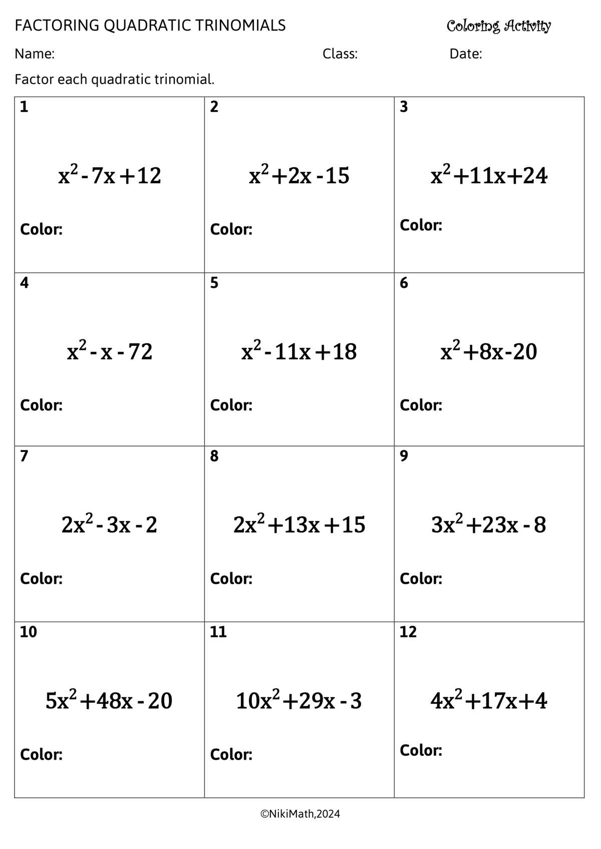 answer key factoring trinomials coloring activity answers