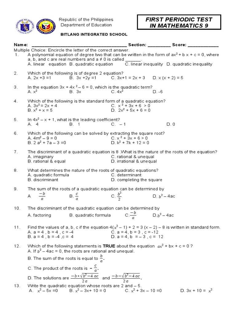answer key grade 9 math
