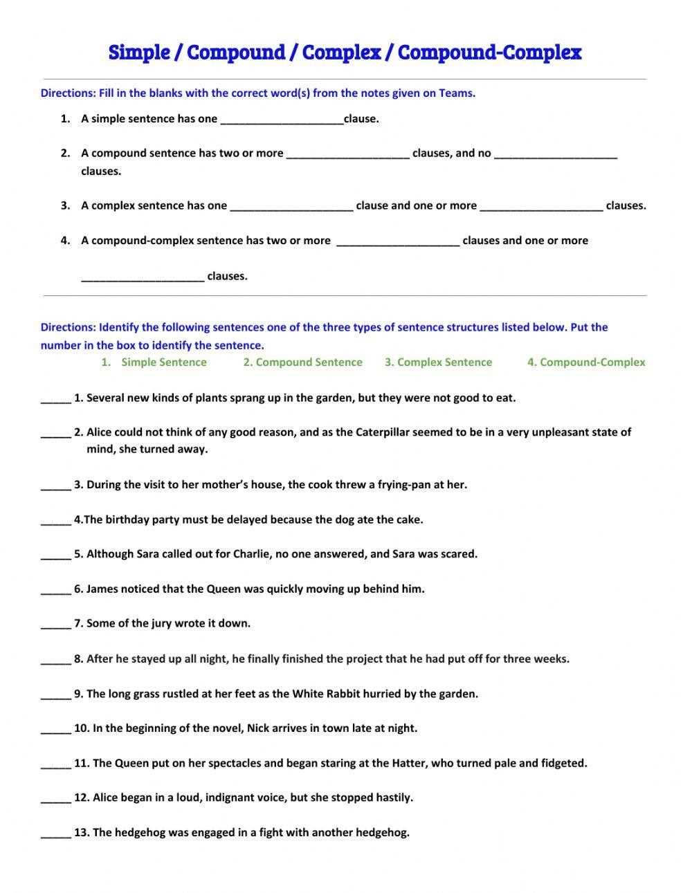 answer key simple and compound sentences worksheet with answers
