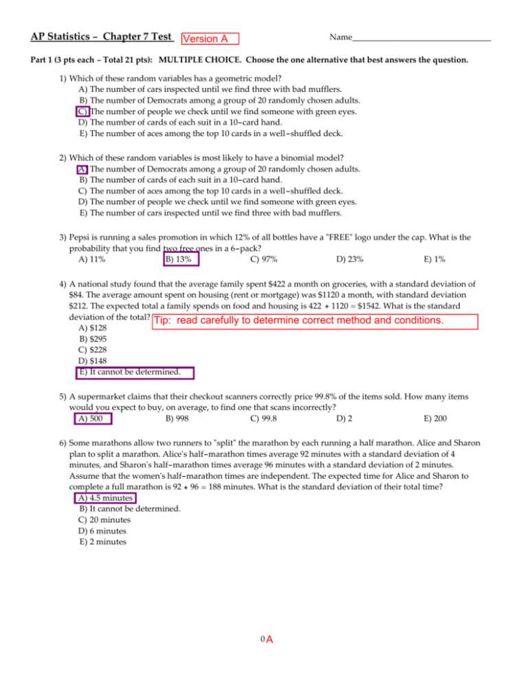 ap stats test 6b answer key