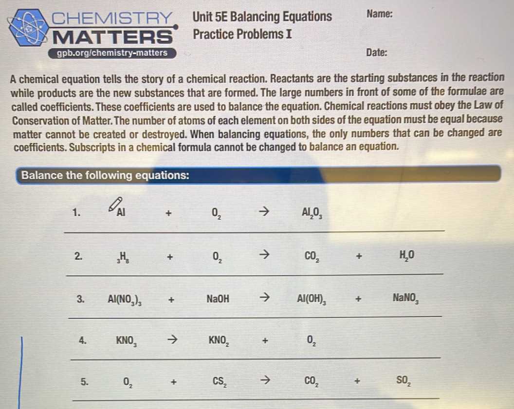 balancing chemical equations practice packet answer key