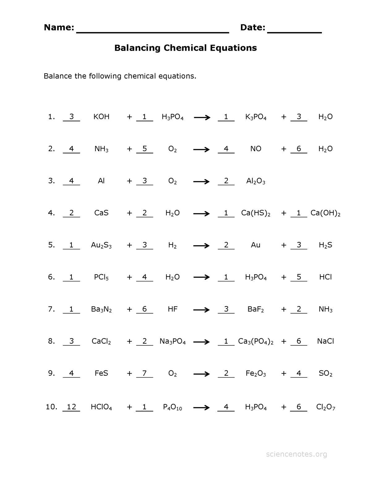 balancing chemical equations test answer key