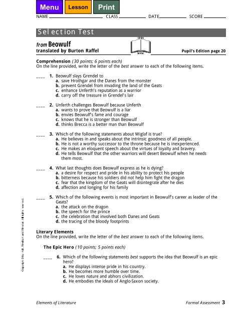 beowulf reading comprehension questions answer key