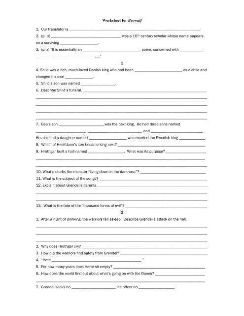 beowulf reading comprehension questions answer key