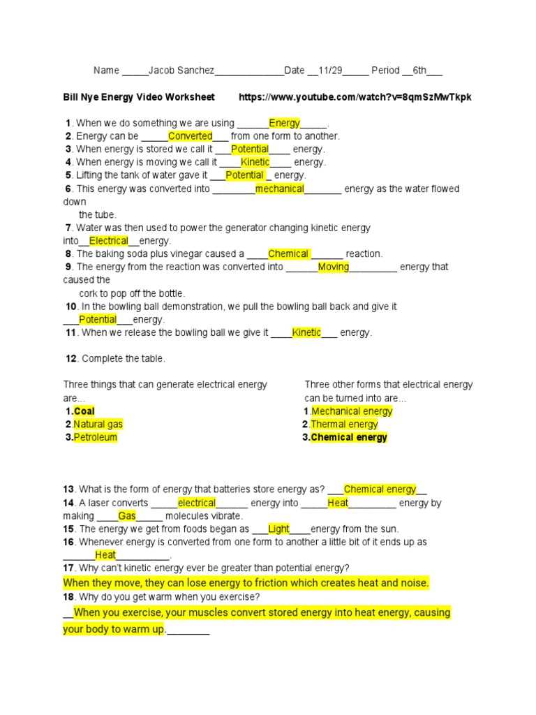 bill nye the science guy energy worksheet answer key