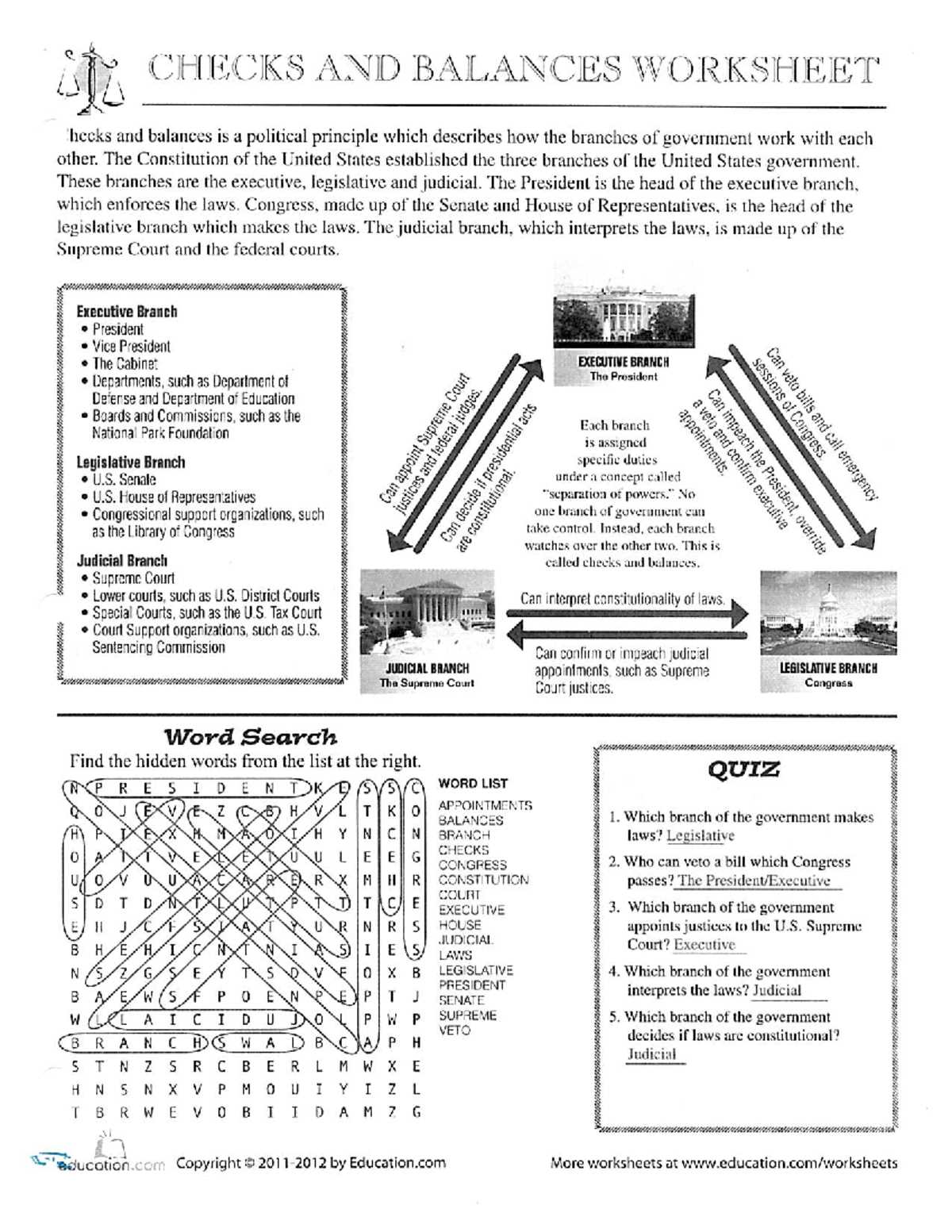 branches of the us government worksheet answer key