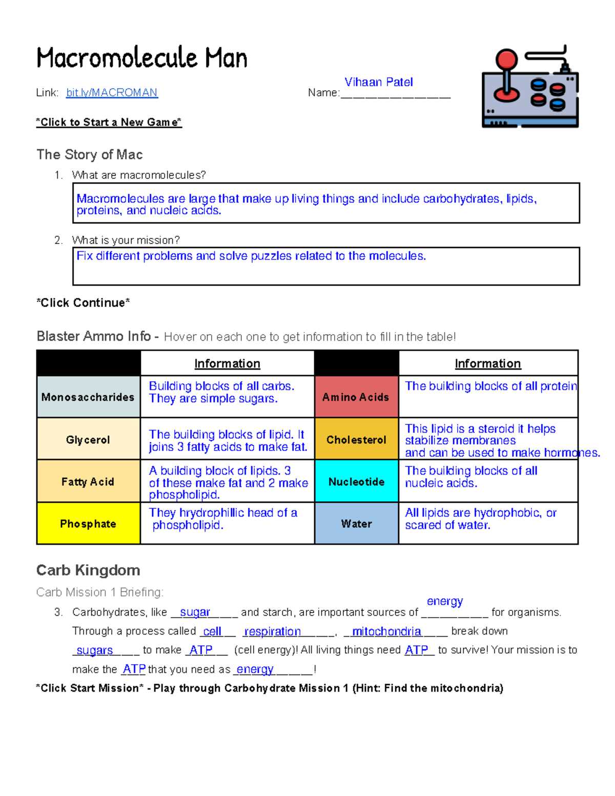 building macromolecules activity answer key
