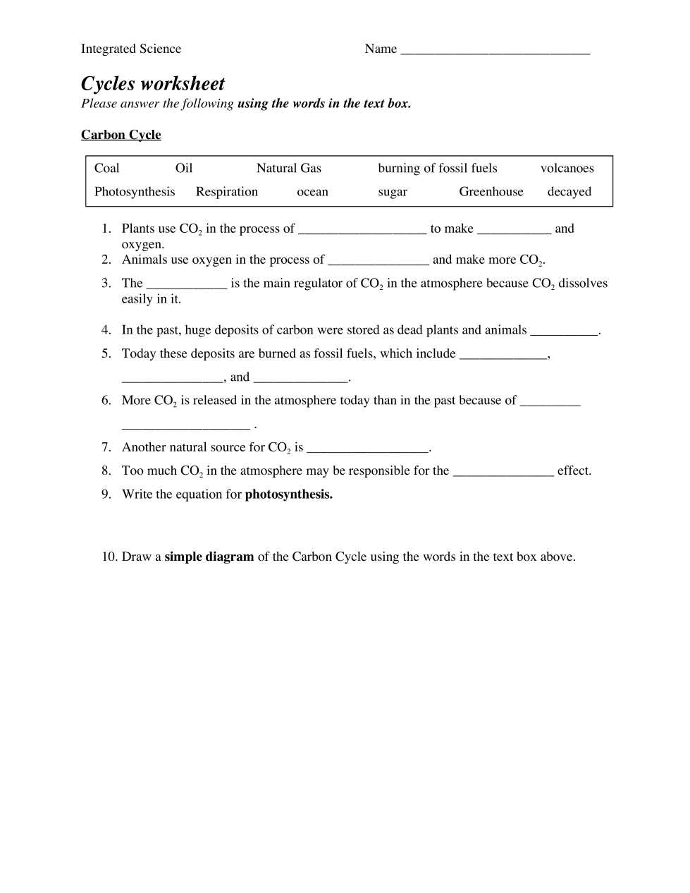 carbon cycle worksheet fill in the blanks answer key