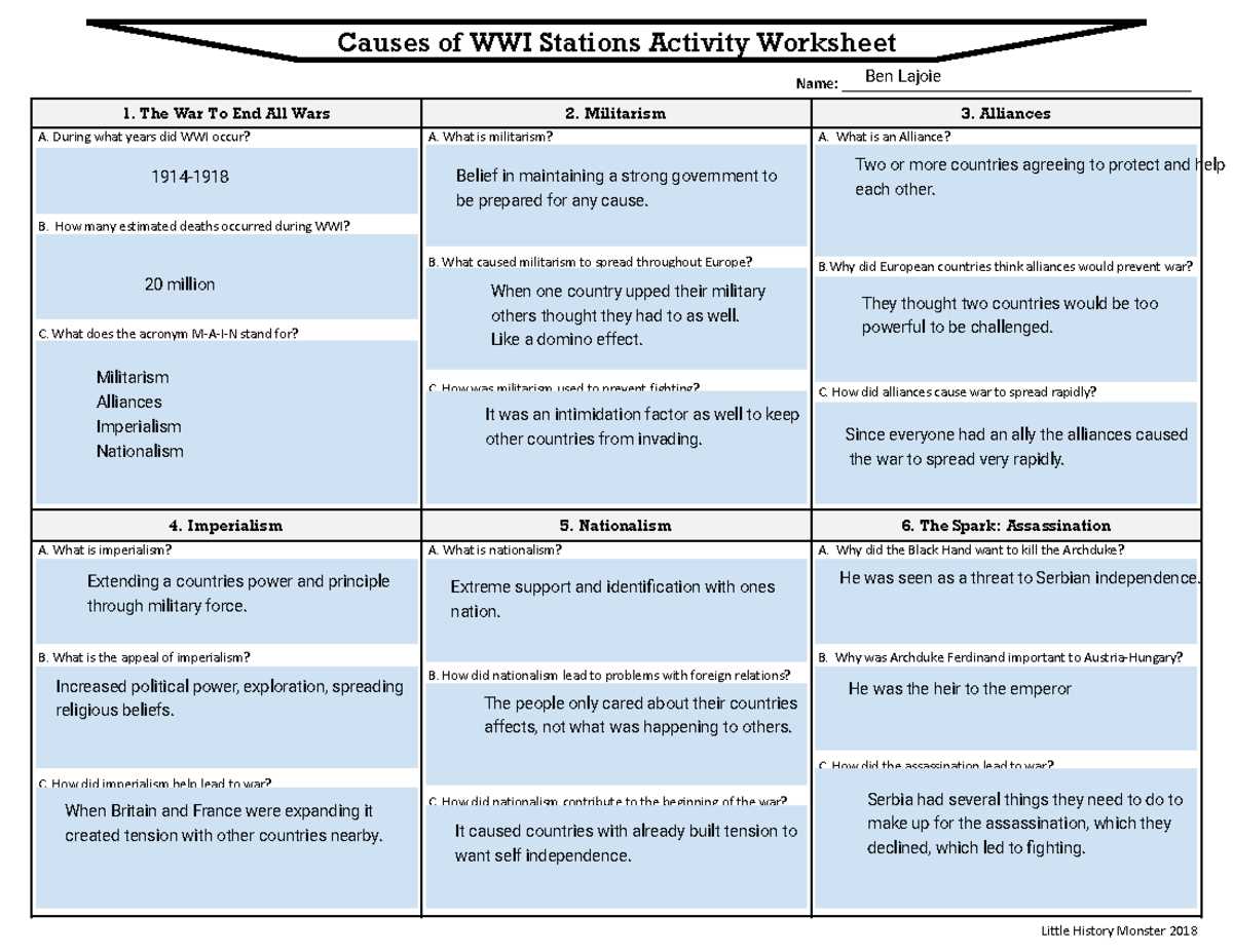 causes of wwi mini q answer key