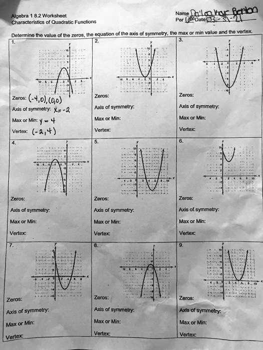 characteristics of quadratic functions algebra 1 8.2 answer key
