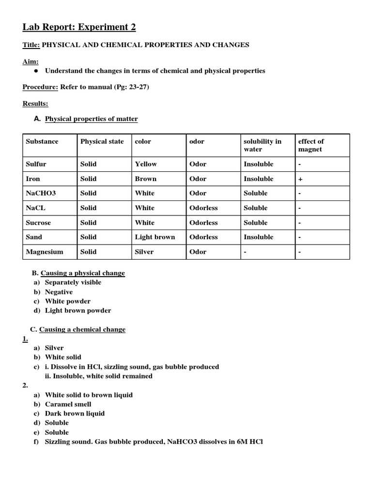 chemical changes lab answer key