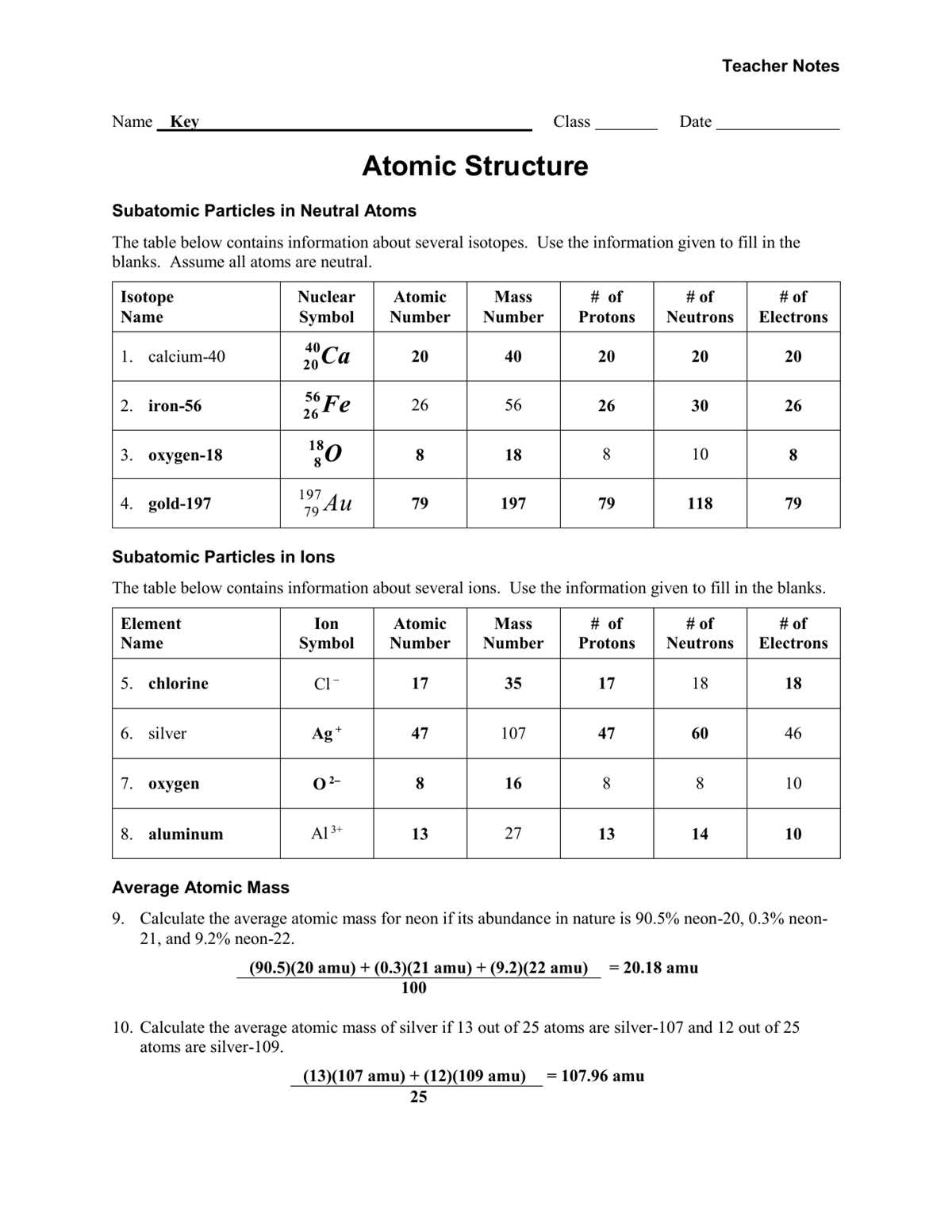 chemistry atomic structure worksheet answer key