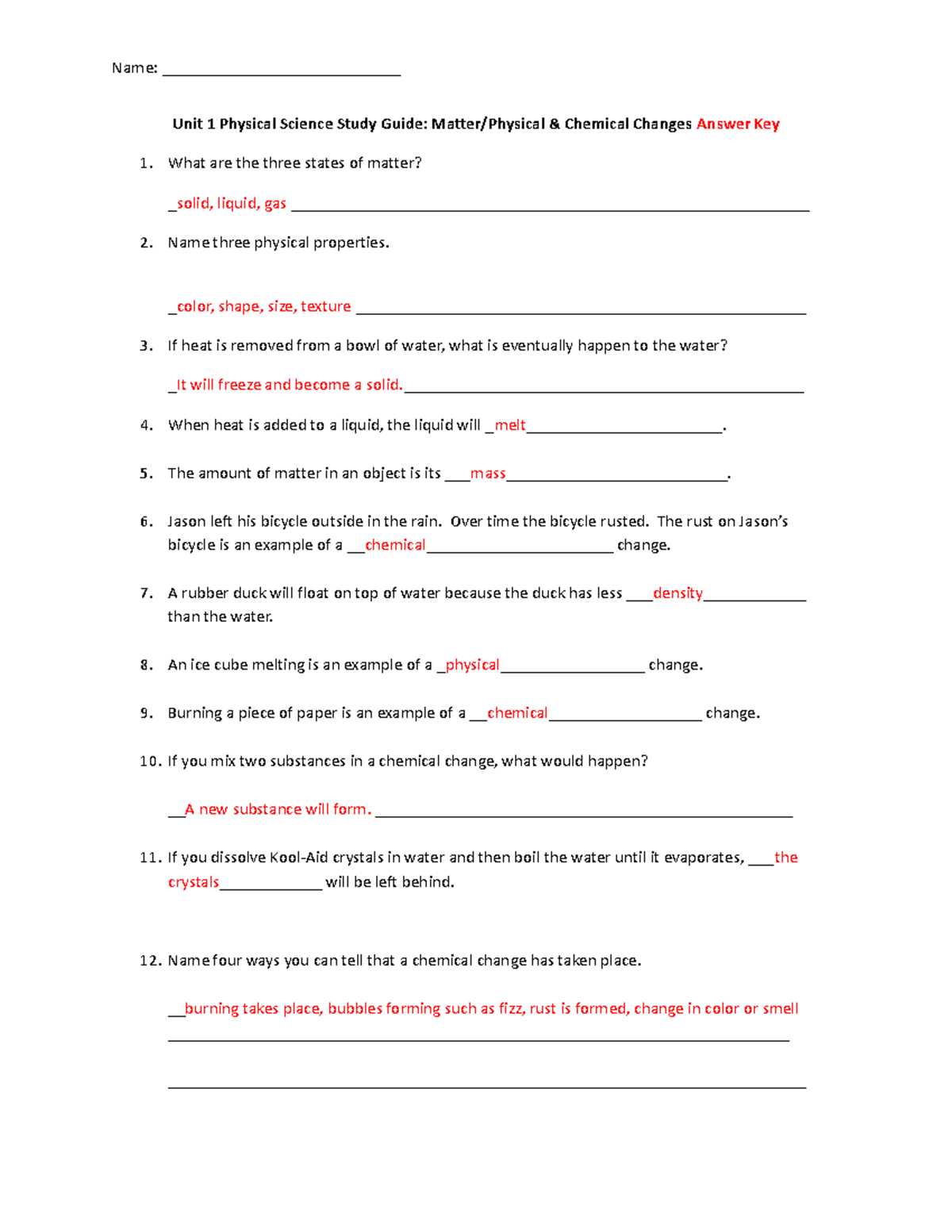 chemistry unit 1 study guide answer key