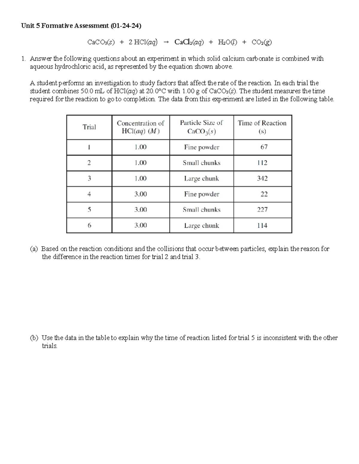 chemistry unit 5 test answer key