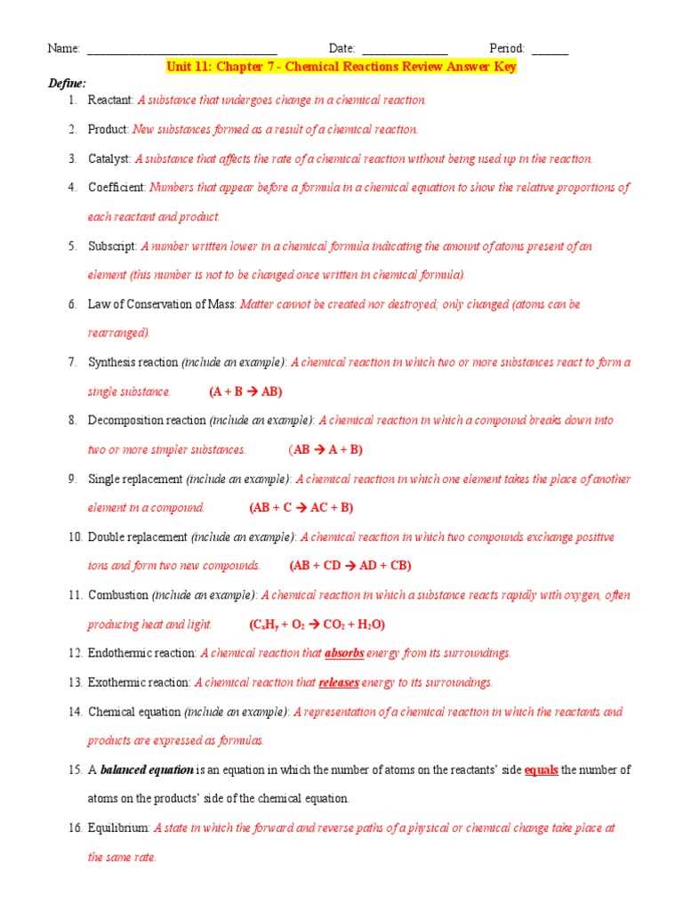 chemistry unit 7 chemical reaction practice packet answer key