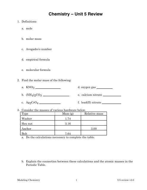 chemistry unit 8 worksheet 5 answer key