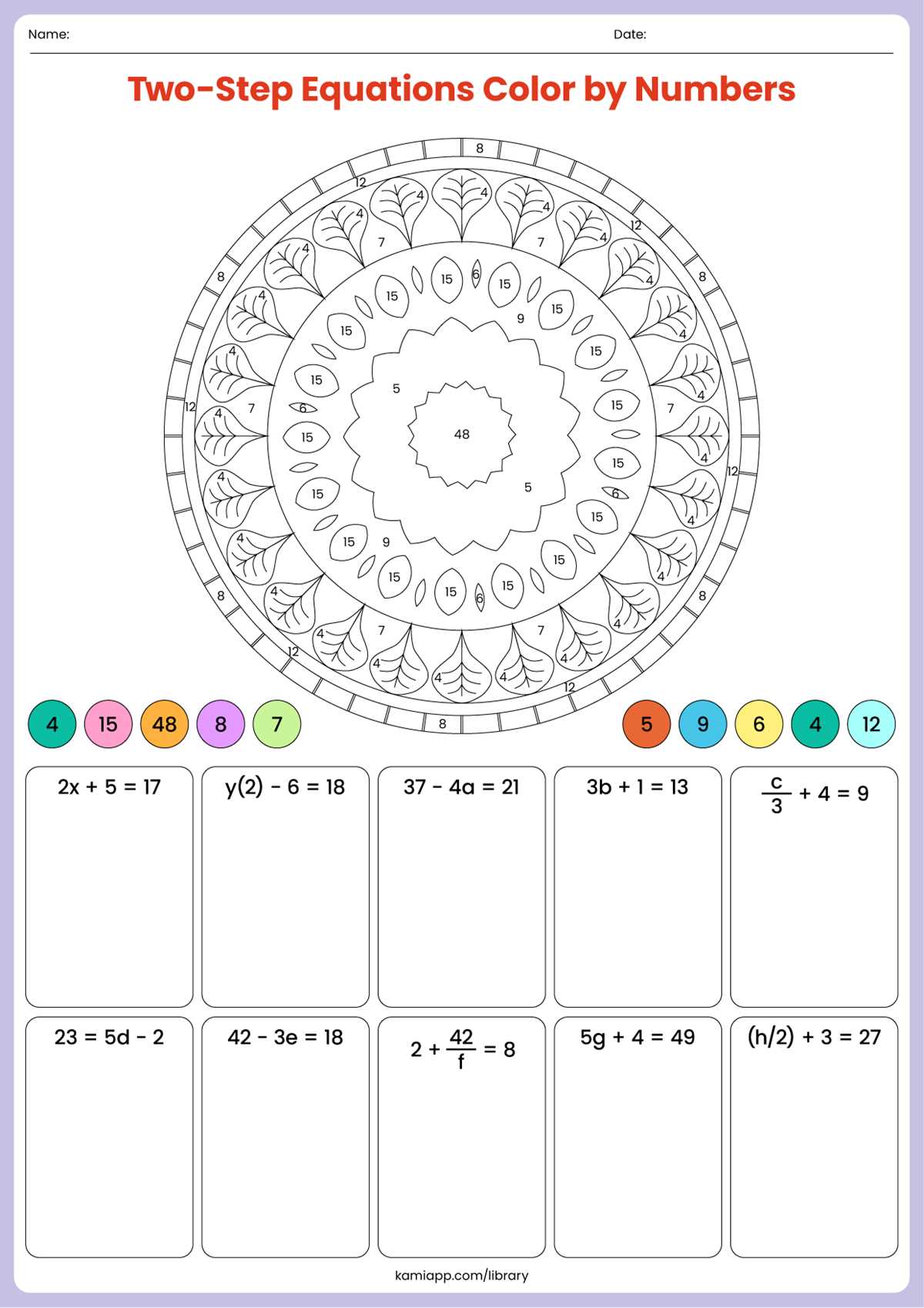 color by number solving two step equations answer key