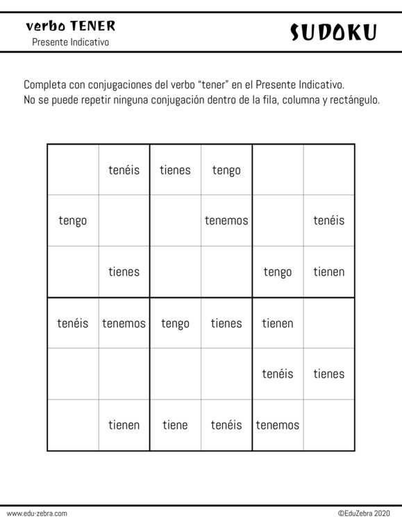 complete the present tense tener sudoku puzzle answer key