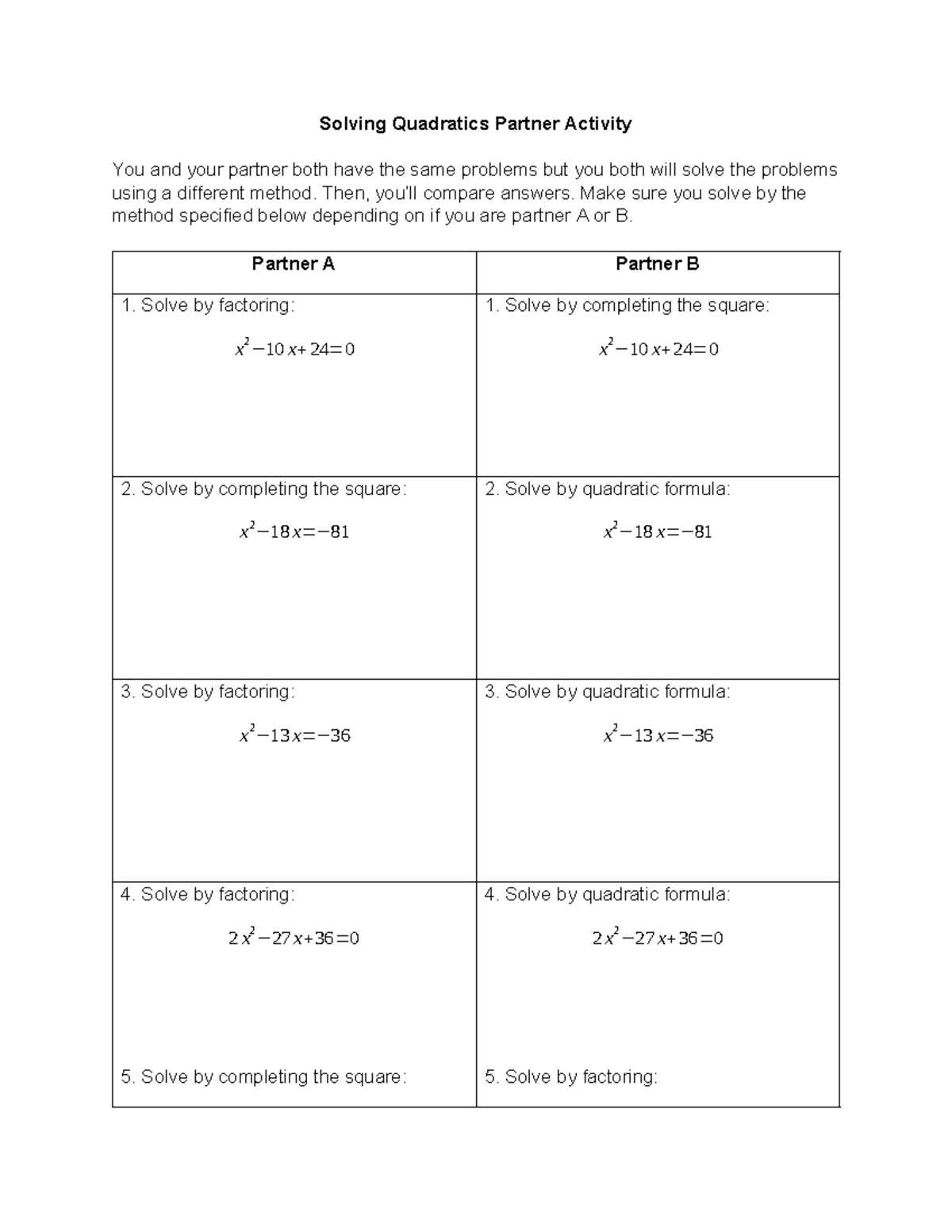 completing the square homework answer key