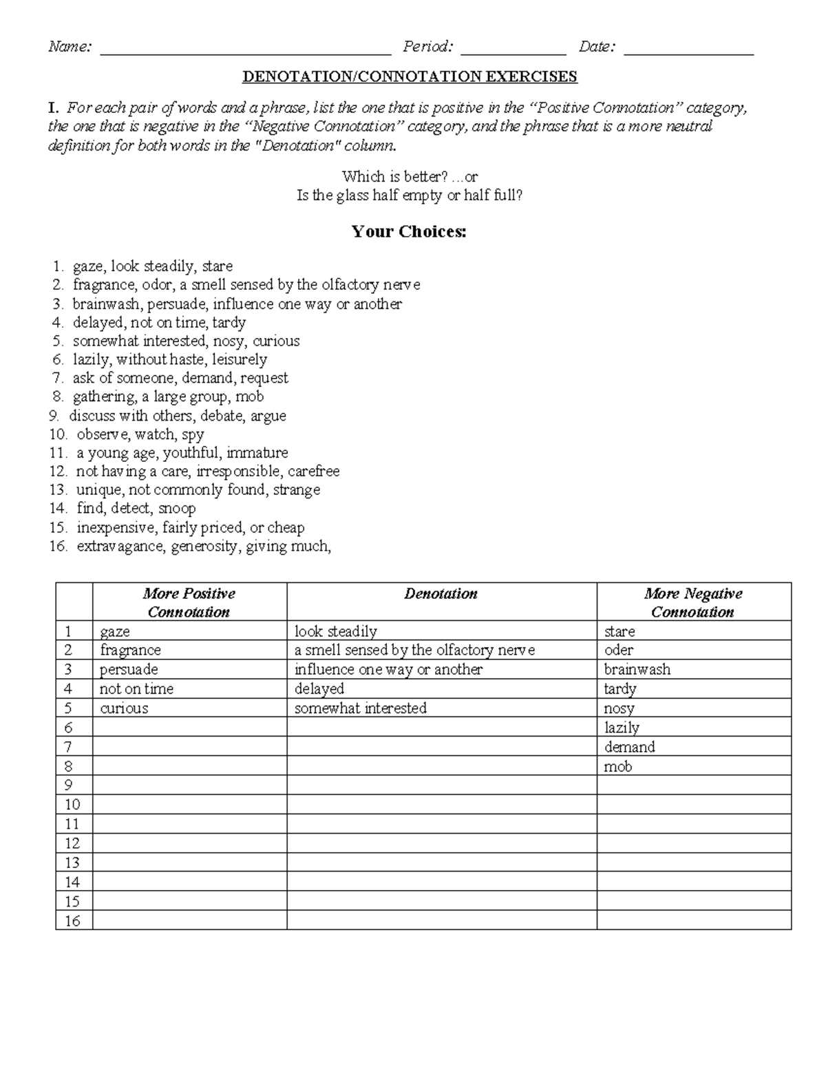 connottion and denotation worksheets with answer keys