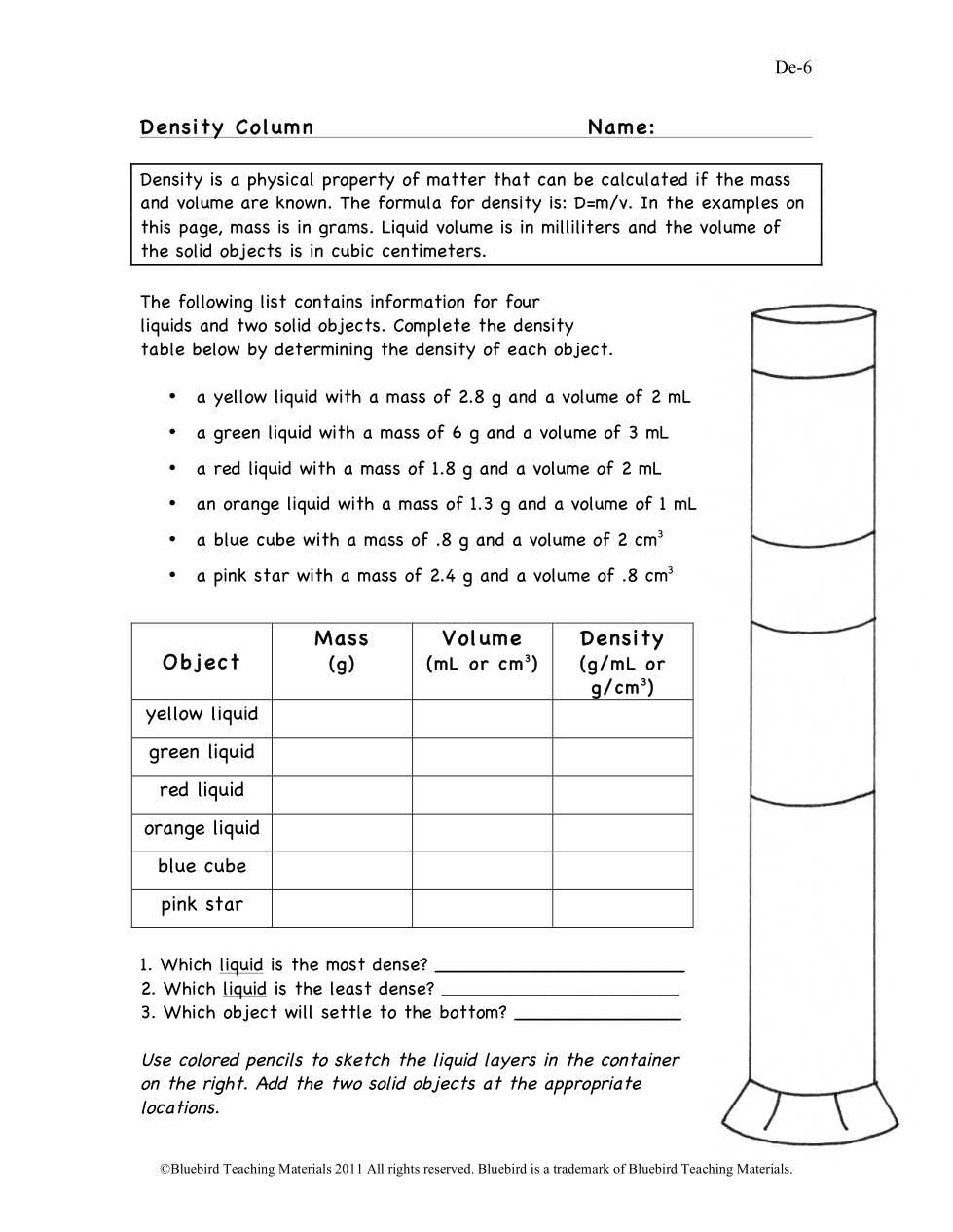 density practice worksheet 1 answer key