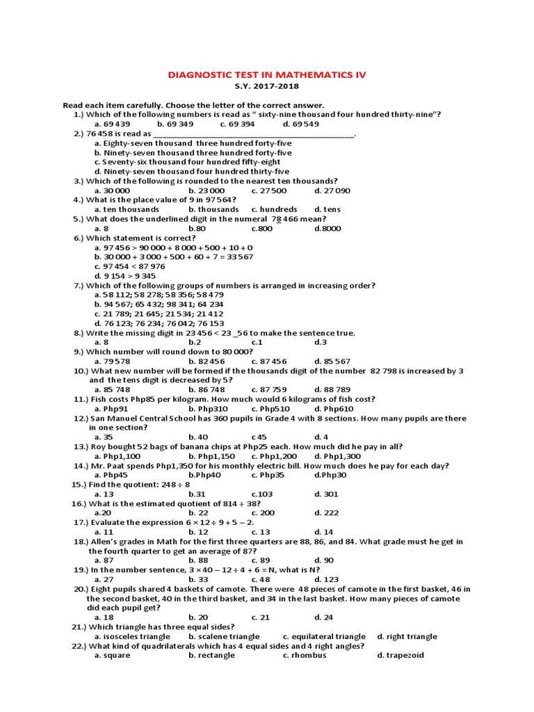 diagnostic test for grade 10 math with answer key
