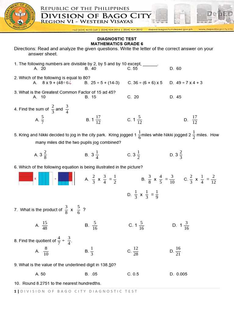 diagnostic test for grade 6 math with answer key