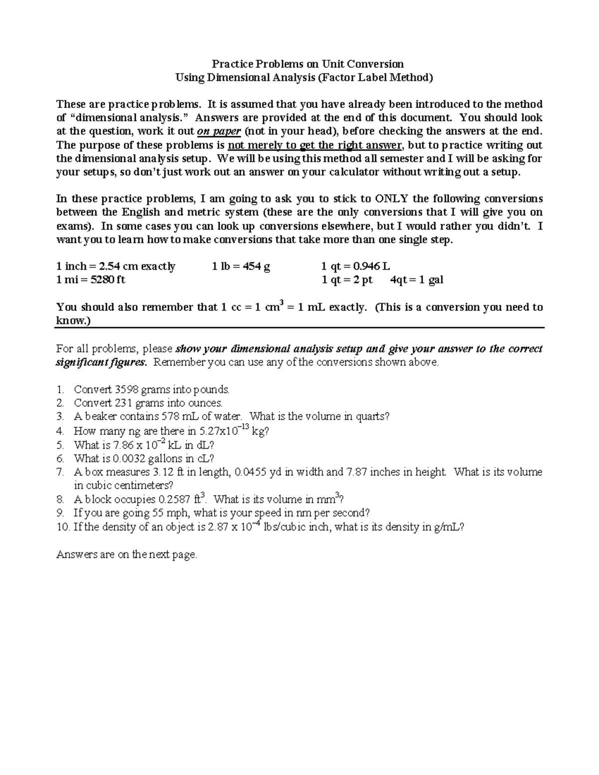 dimensional analysis practice problems with answer key
