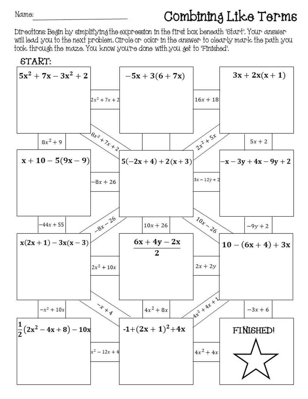 distribute and combine like terms maze answer key