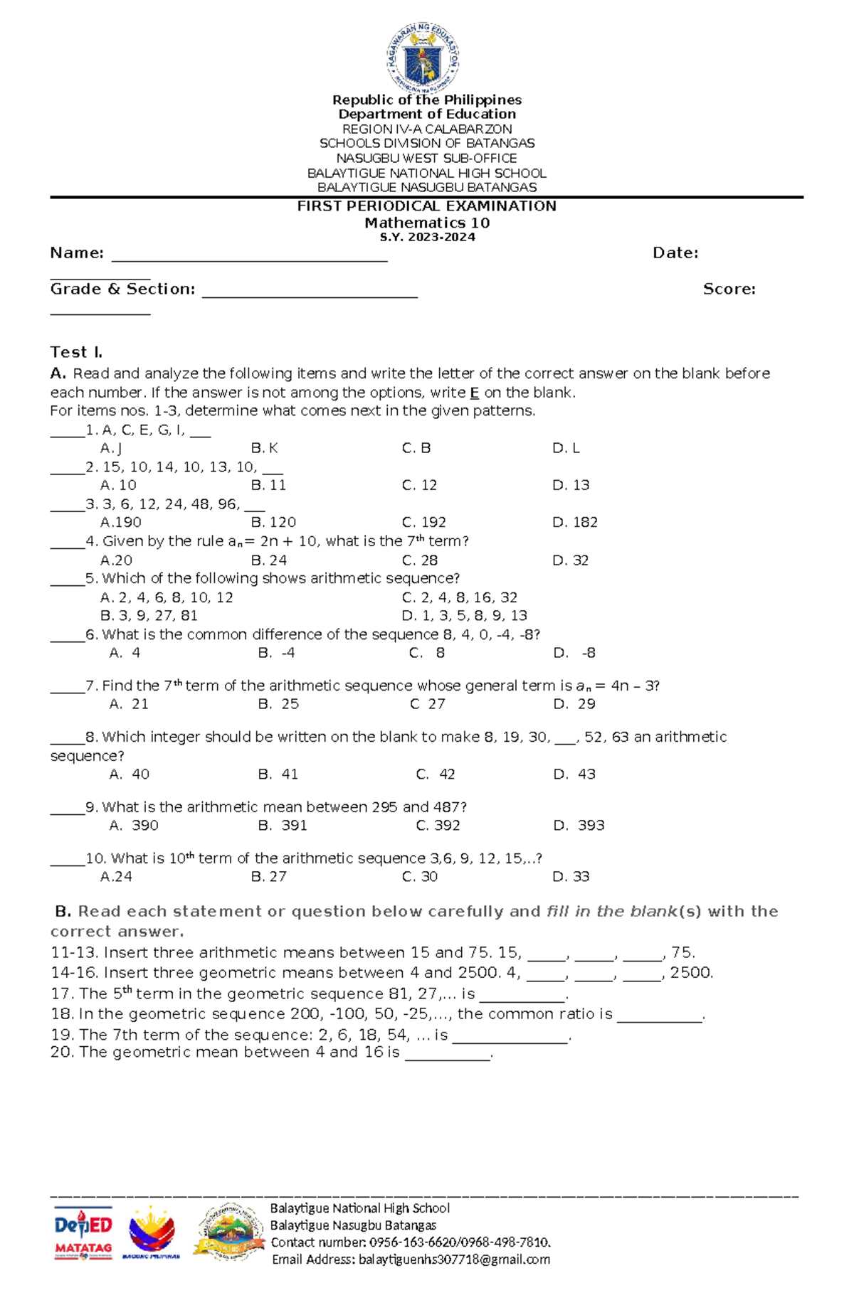 e math 10 answer key