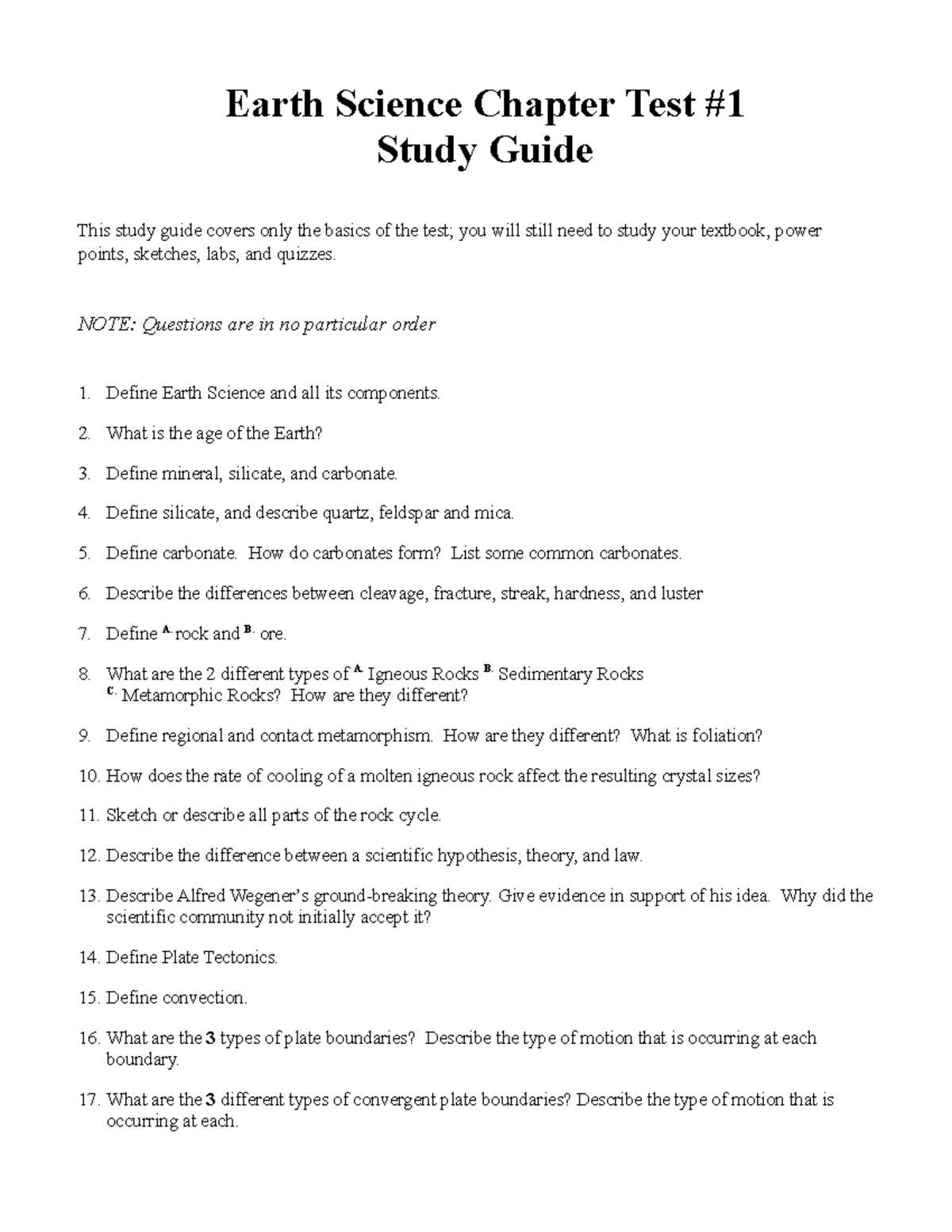 earth science study guide answer key