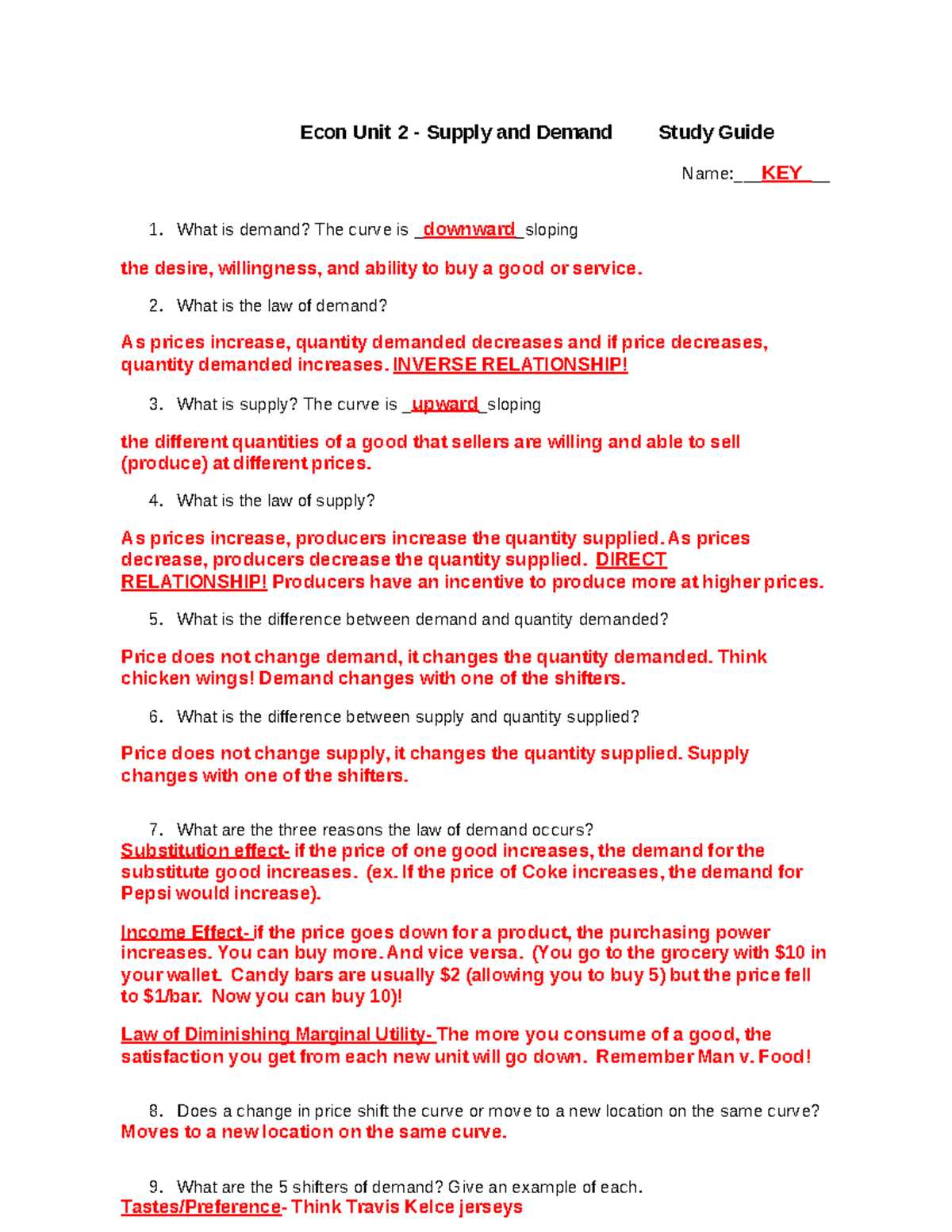 economics demand questions for review answer key